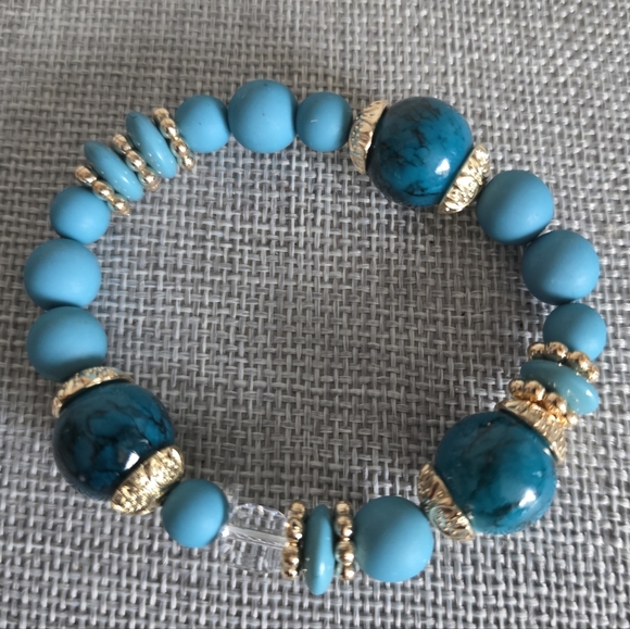 Beaded Gold Blue Turquoise Stretch Elastic Bracelet - Picture 3 of 3